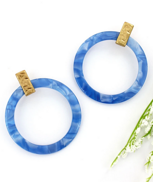 Eimear - Goldtone Blue Marbled Flat Hoop Earrings, 2.75"