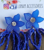 Jean Blue Tassel Earrings with white flower