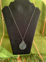 Dolores Emerald Green Medallion Long Silver Necklace