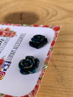 Rosette Black Glitter Rose Stud Earrings