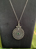 Dolores Emerald Green Medallion Long Silver Necklace