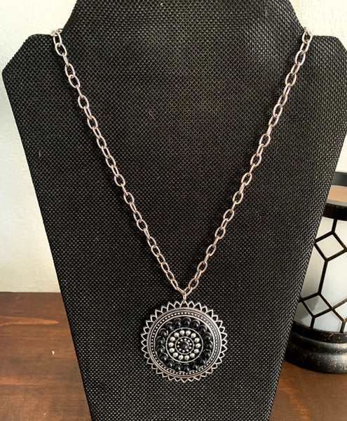 Celeste Black and Silver Medallion Long Necklace