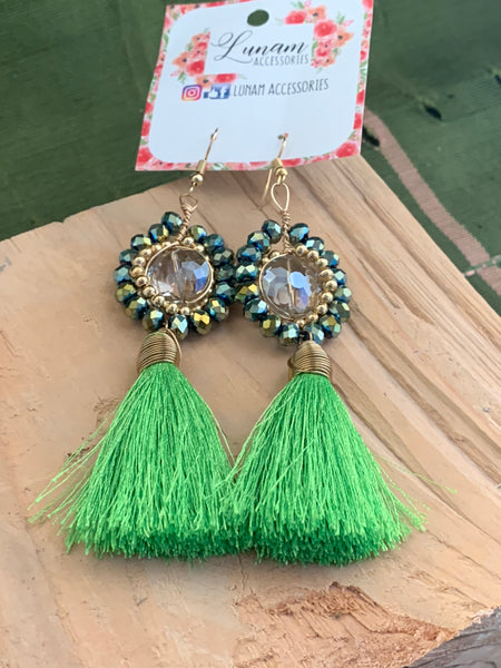 Adelina Green Tassel Earrings with Cristal breads with Gold Plating