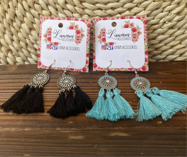 Emma Aqua blue and black tassel earrings