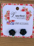 Rosette Black Glitter Rose Stud Earrings